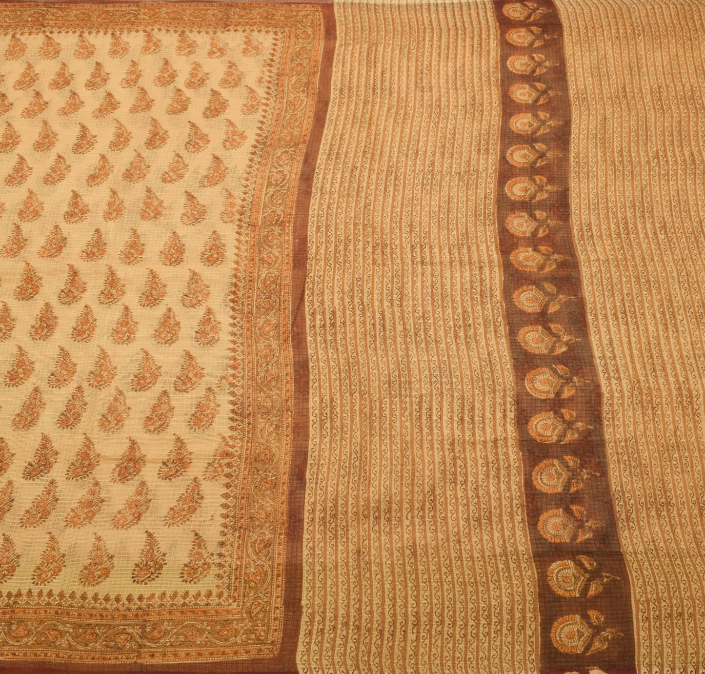 Sushila Vintage Brown Maheshwari Saree Pure Cotton Hand Block Branded Sari