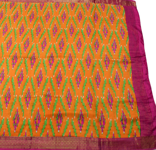 Sushila Vintage Orange Saree  Pure Silk Ikat Print Woven Border Soft Sari Fabric