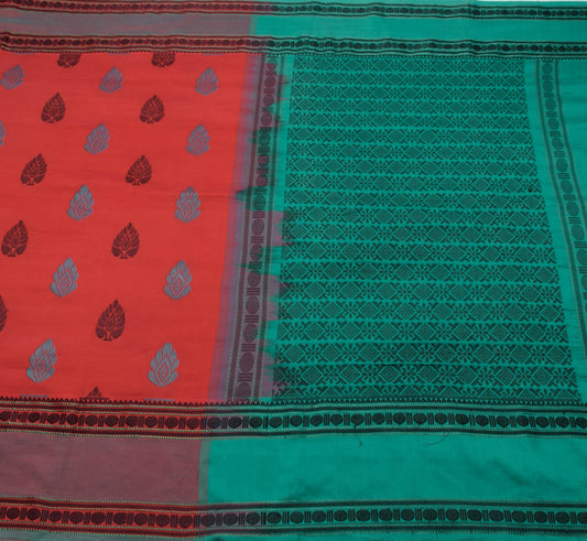 Sushila Vintage Red Saree Woven border Rudraksh motifs Pure Cotton Sari Fabric