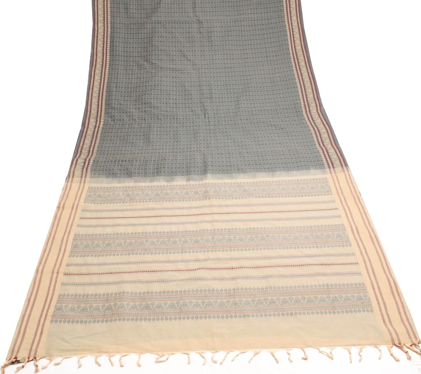 Sushila Vintage Dark Gray Saree 100%Pure Cotton Handloom Woven Sari Craft Fabric