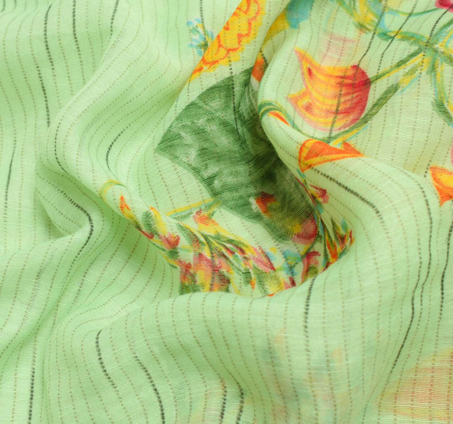 Sushila Vintage Green Art Linen Saree Digital Printed Soft Sari Floral Fabric