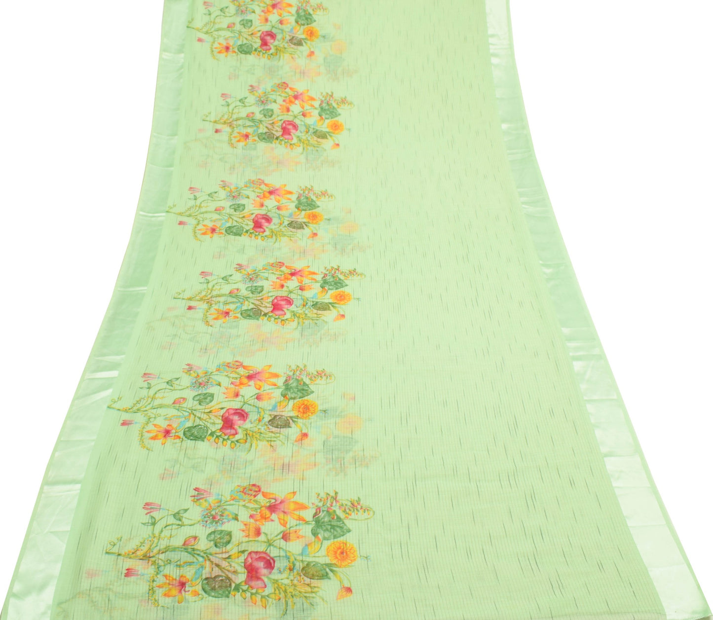 Sushila Vintage Green Art Linen Saree Digital Printed Soft Sari Floral Fabric