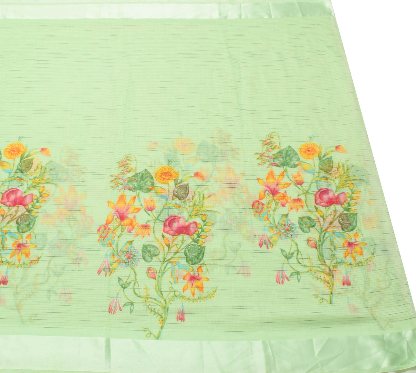 Sushila Vintage Green Art Linen Saree Digital Printed Soft Sari Floral Fabric