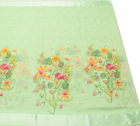 Sushila Vintage Green Art Linen Saree Digital Printed Soft Sari Floral Fabric