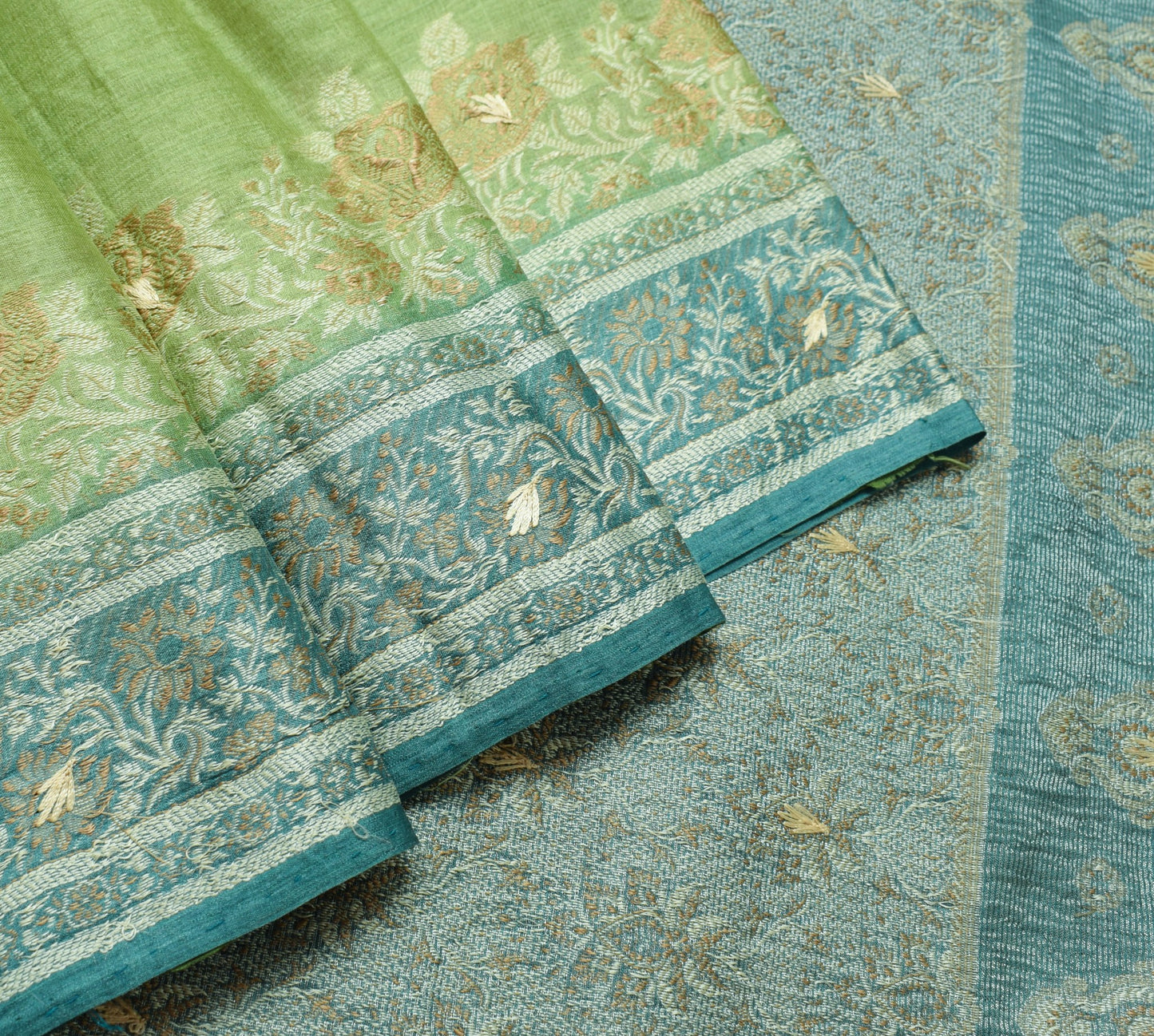 Sushila Vintage Green Saree Pure Tusar Silk Tissue Pallu Embroidered Sari Fabric