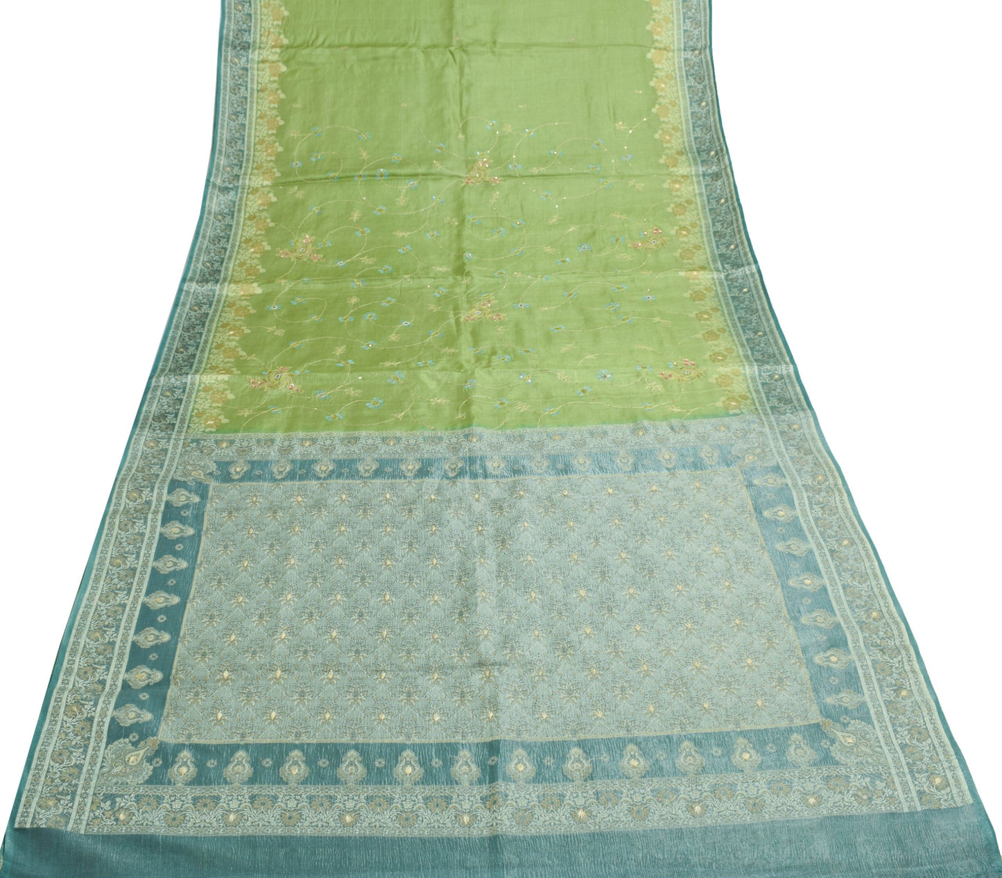 Sushila Vintage Green Saree Pure Tusar Silk Tissue Pallu Embroidered Sari Fabric