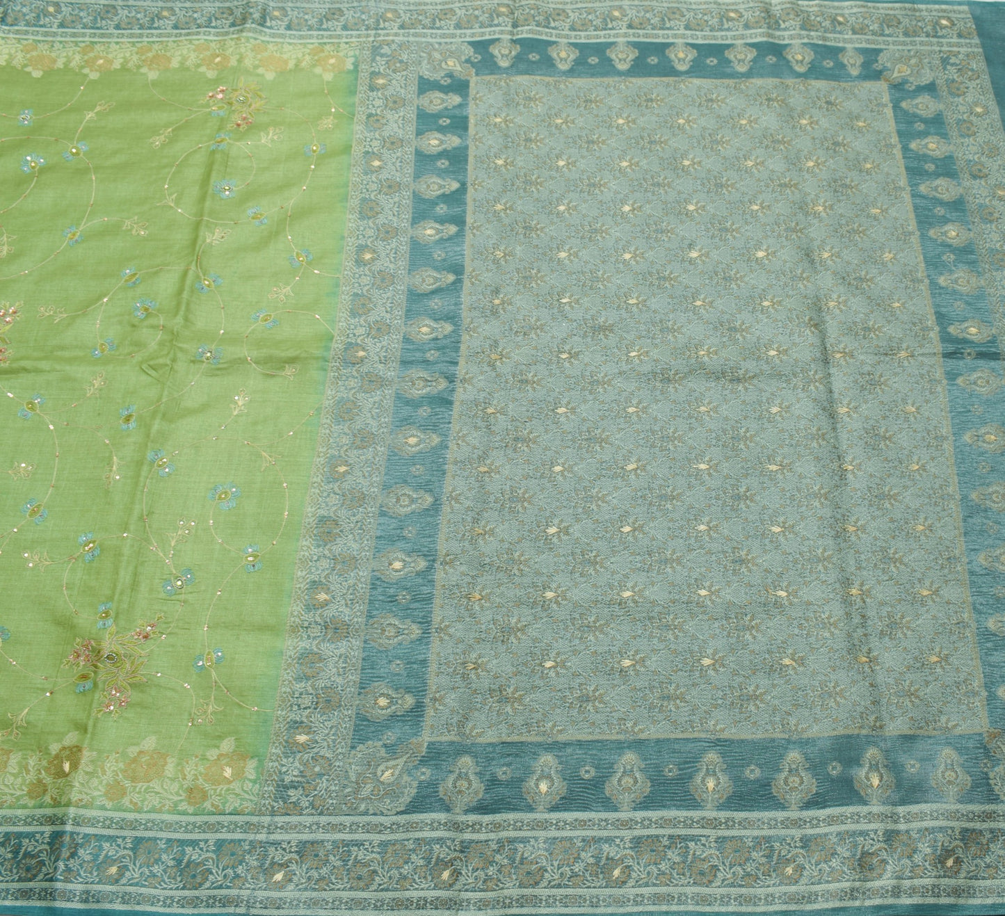 Sushila Vintage Green Saree Pure Tusar Silk Tissue Pallu Embroidered Sari Fabric