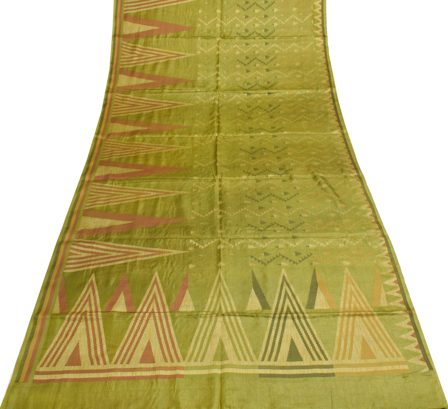 Sushila Vintage Green Saree 100%Pure Tussar Silk Temple Border Woven Sari Fabric