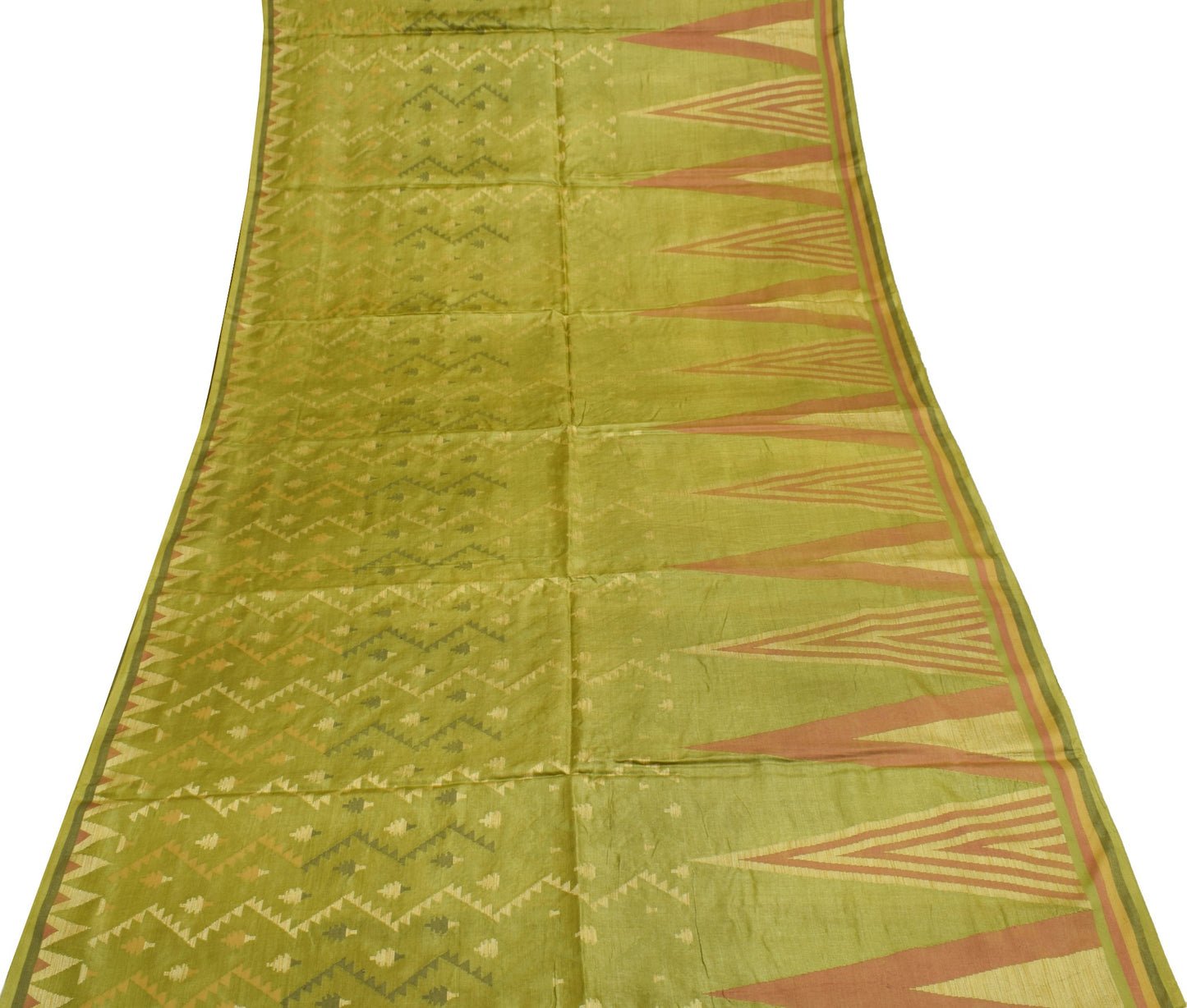 Sushila Vintage Green Saree 100%Pure Tussar Silk Temple Border Woven Sari Fabric