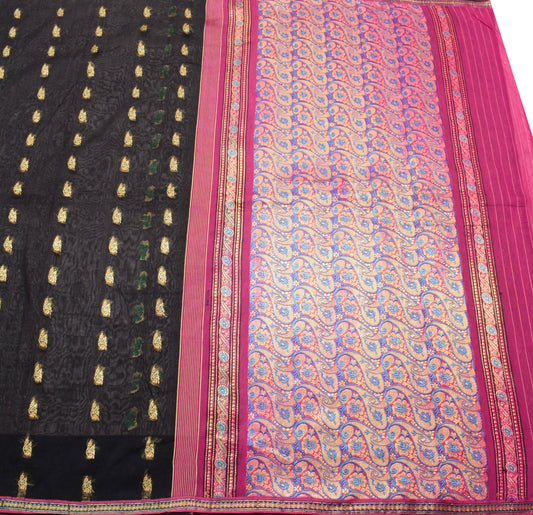 Sushila Vintage Black Classy Saree 100% Pure Cotton Silk Flora Woven Sari Fabric