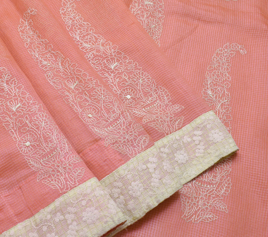 Sushila Vintage Peach Saree Pure Cotton Floral Embroidery Maheshwari Sari Fabric