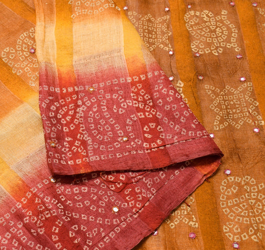 Sushila Vintage Rust Saree 100% Pure Silk Bandhani Mirror Work Sari Craft Fabric