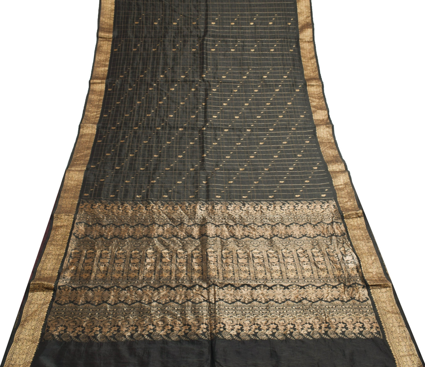 Sushila Vintage Kanjivaram Black Saree 100% Pure silk Woven Classy Sari Fabric