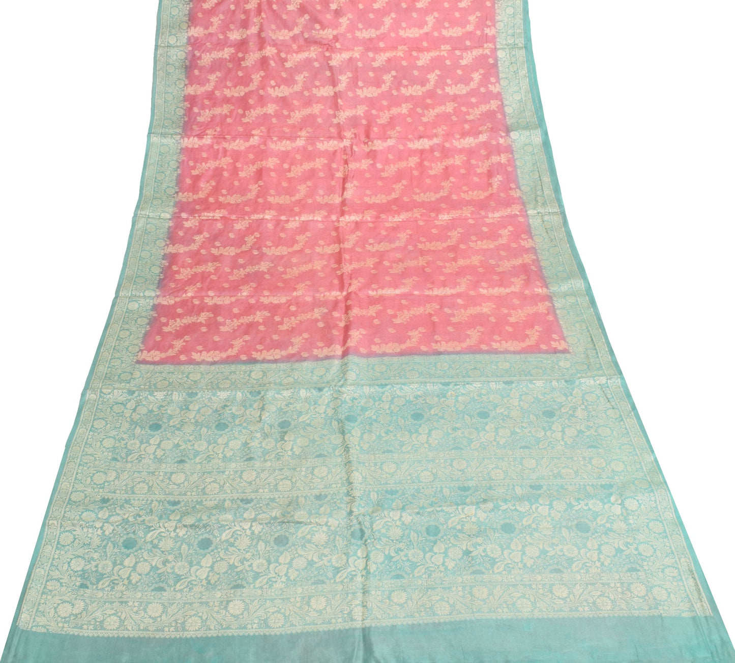 Sushila Vintage Pink Aqua Blue Saree Pure Tussar Silk Floral Woven Soft Fabric