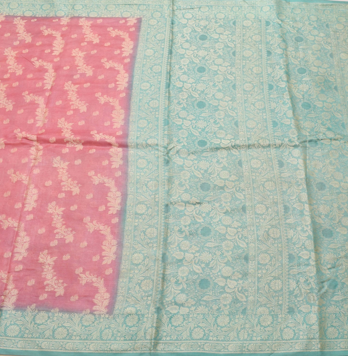 Sushila Vintage Pink Aqua Blue Saree Pure Tussar Silk Floral Woven Soft Fabric