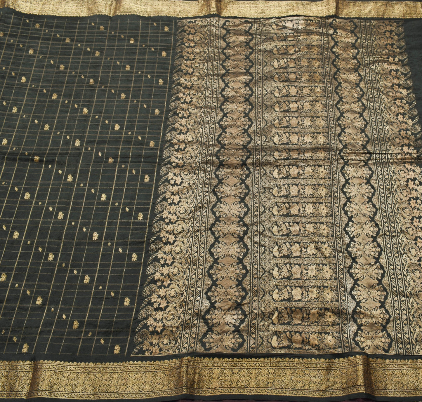 Sushila Vintage Kanjivaram Black Saree 100% Pure silk Woven Classy Sari Fabric