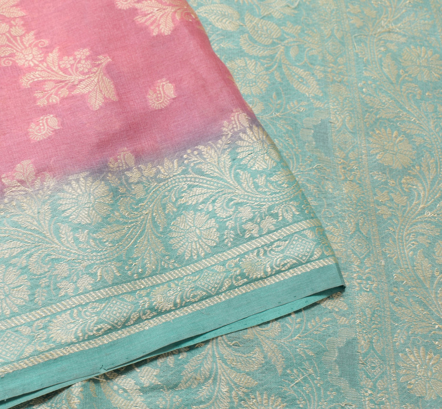 Sushila Vintage Pink Aqua Blue Saree Pure Tussar Silk Floral Woven Soft Fabric