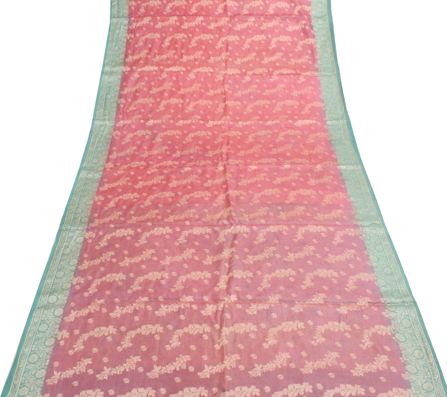 Sushila Vintage Pink Aqua Blue Saree Pure Tussar Silk Floral Woven Soft Fabric