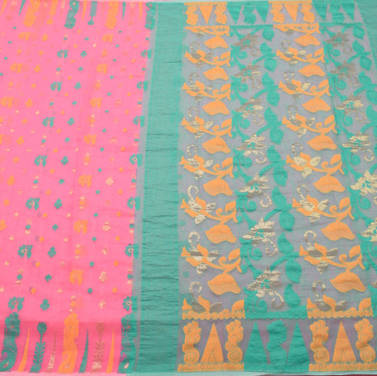 Sushila Vintage Pink Jamdani Saree Art Silk Woven Soft Floral Women Sari Fabric