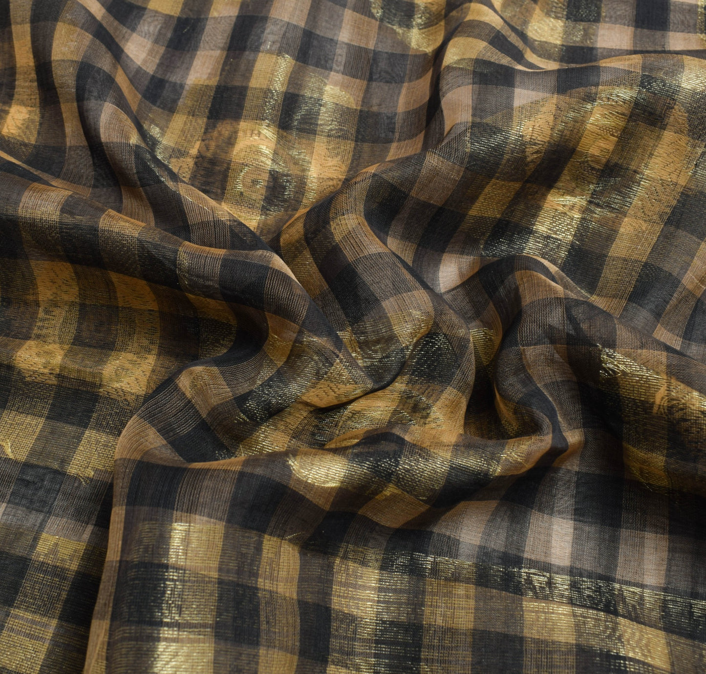 Sushila Vintage Checks Sari Tan & Black Maheswari Pure Silk Cotton Saree Fabric