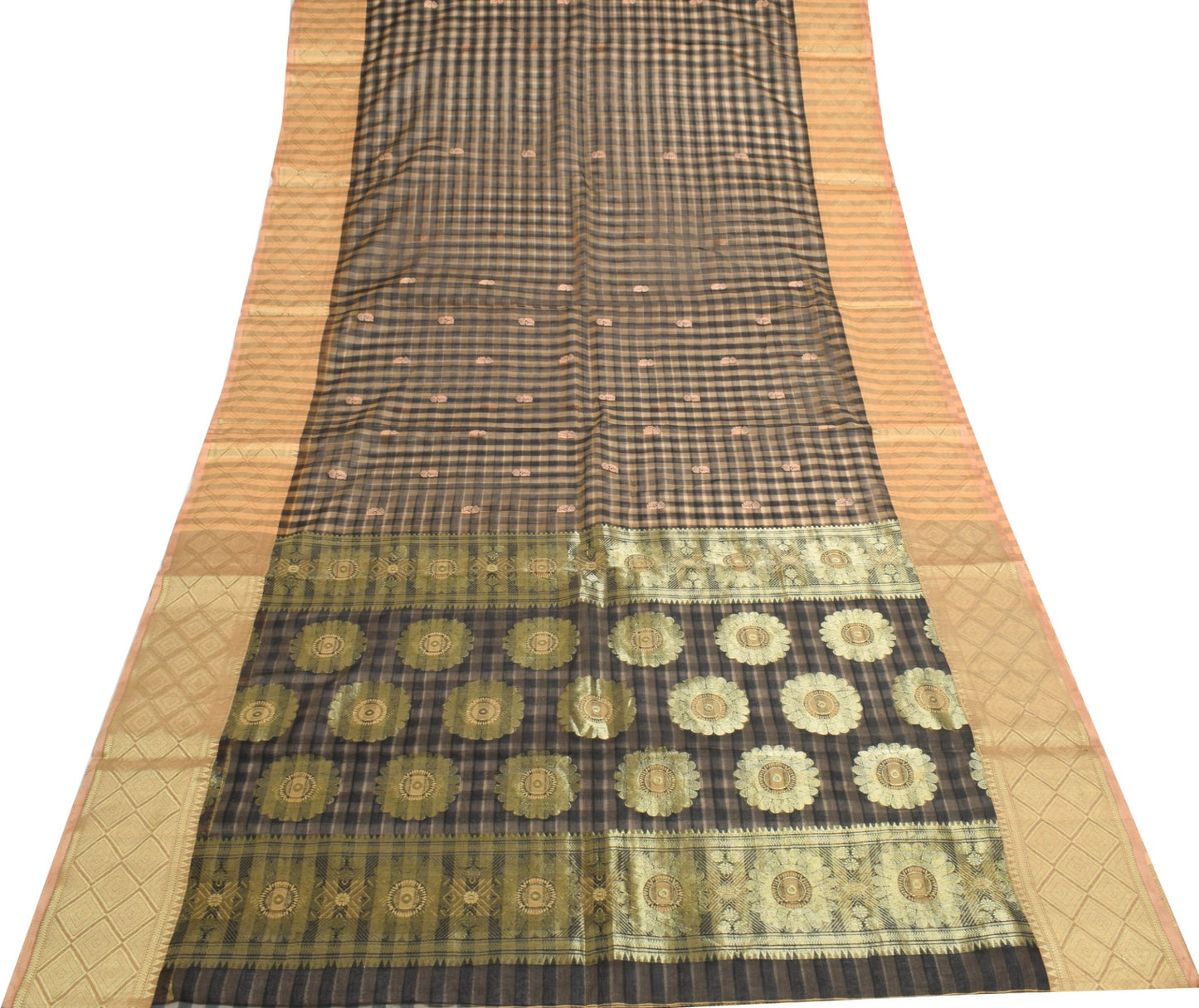 Sushila Vintage Checks Sari Tan & Black Maheswari Pure Silk Cotton Saree Fabric