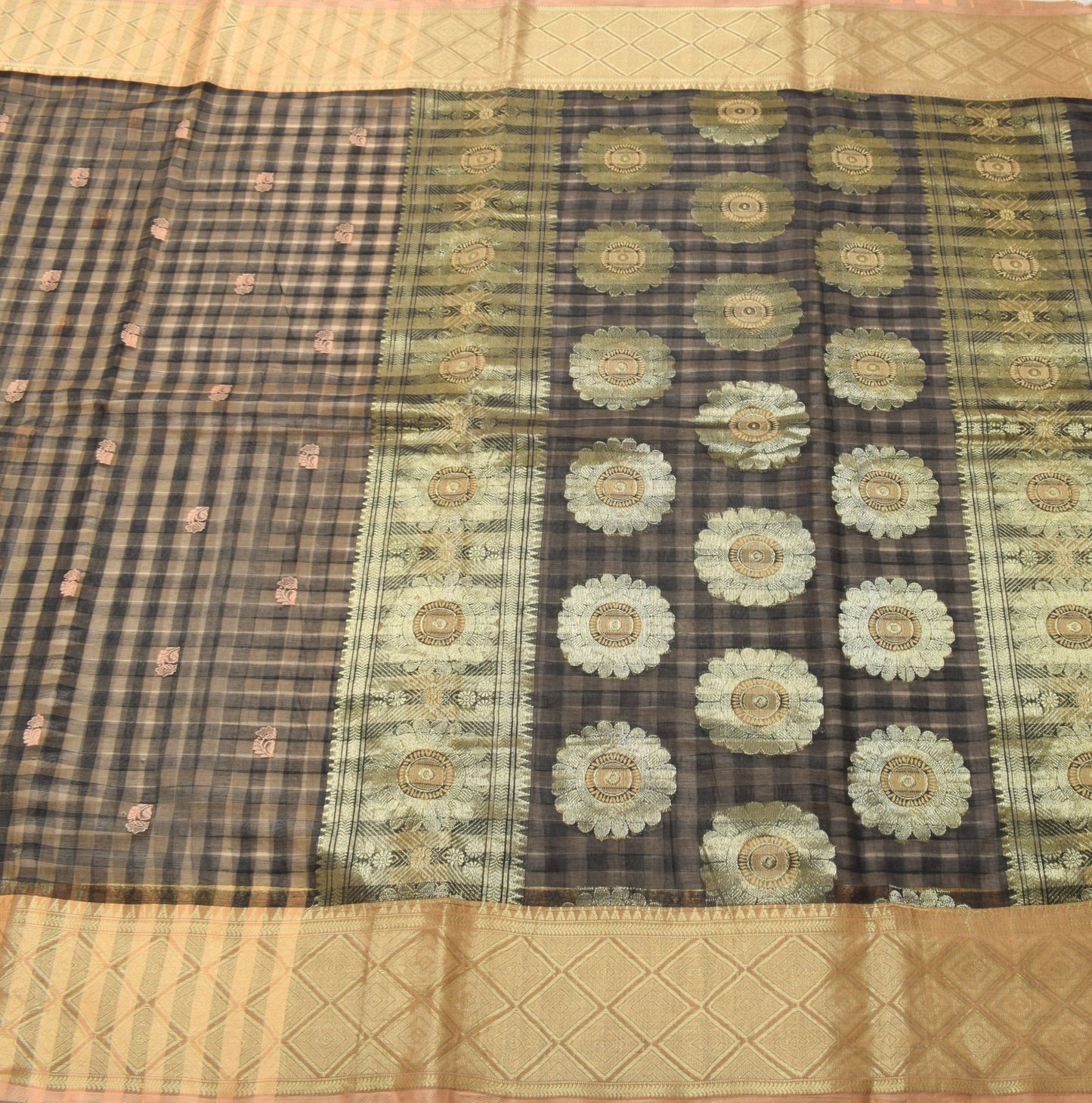 Sushila Vintage Checks Sari Tan & Black Maheswari Pure Silk Cotton Saree Fabric