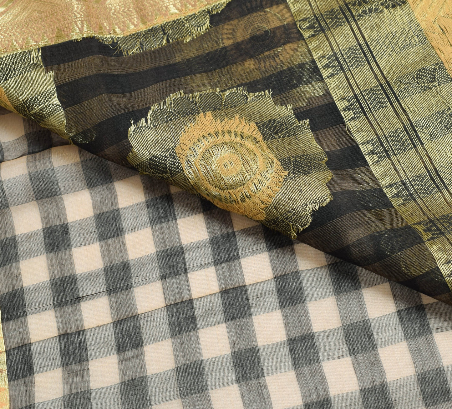 Sushila Vintage Checks Sari Tan & Black Maheswari Pure Silk Cotton Saree Fabric