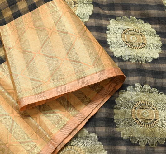 Sushila Vintage Checks Sari Tan & Black Maheswari Pure Silk Cotton Saree Fabric