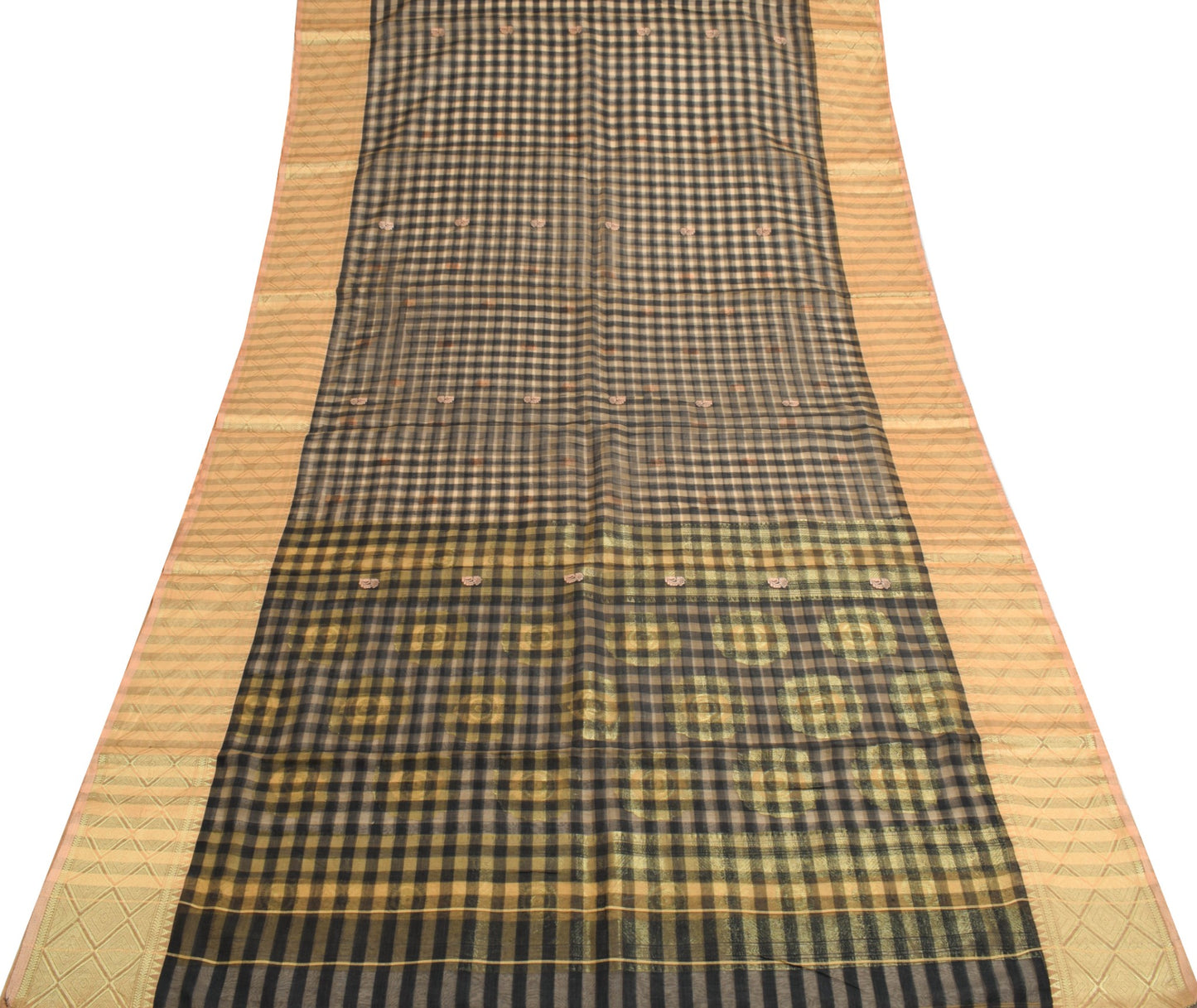 Sushila Vintage Checks Sari Tan & Black Maheswari Pure Silk Cotton Saree Fabric