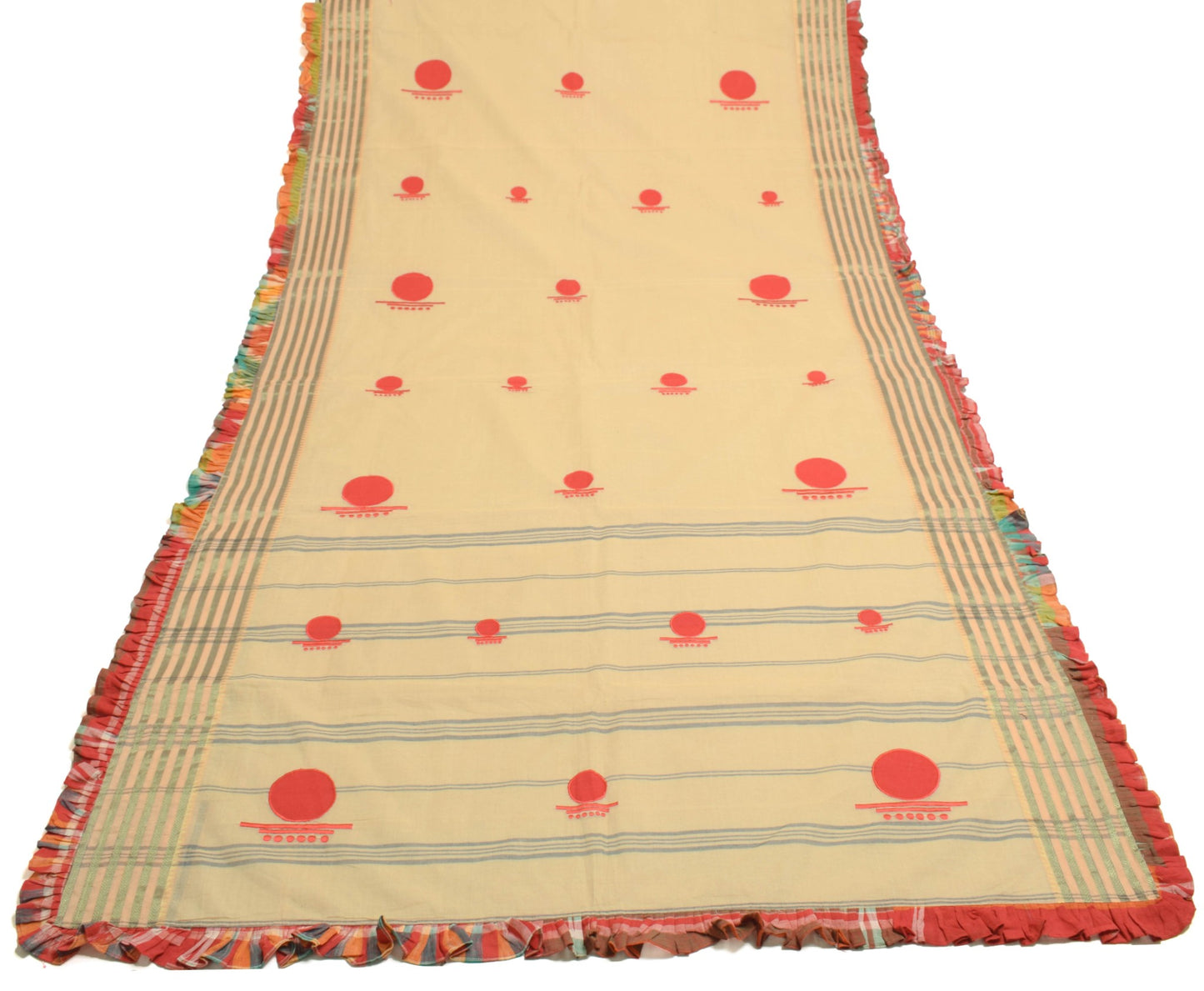 Sushila Vintage Beige Saree Pure Bengal Pure Cotton Handloom Ruffle Sari Fabric