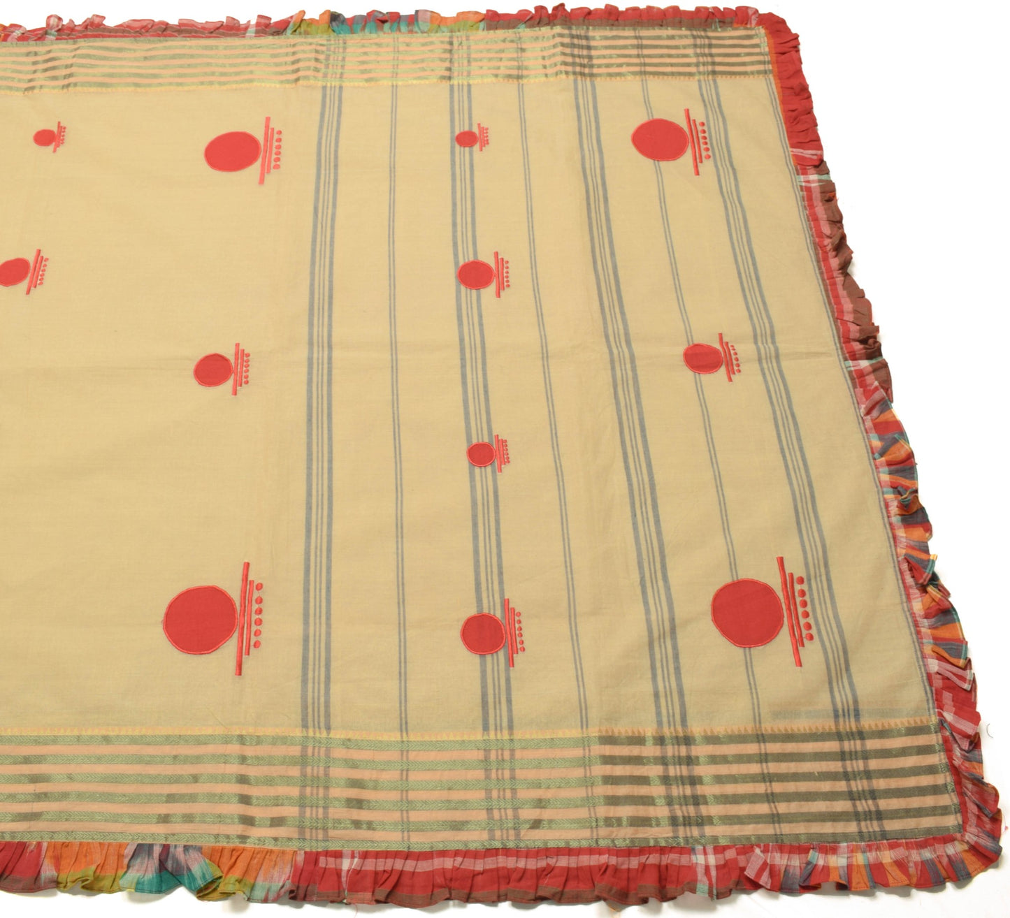 Sushila Vintage Beige Saree Pure Bengal Pure Cotton Handloom Ruffle Sari Fabric