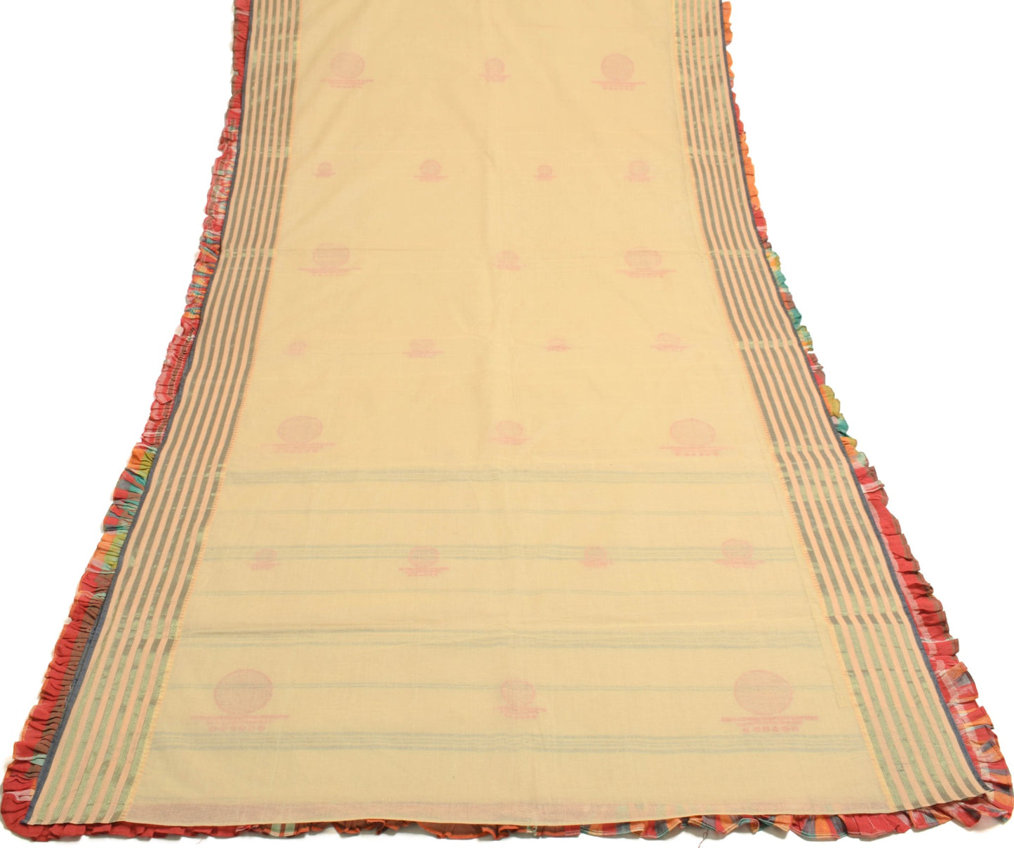 Sushila Vintage Beige Saree Pure Bengal Pure Cotton Handloom Ruffle Sari Fabric