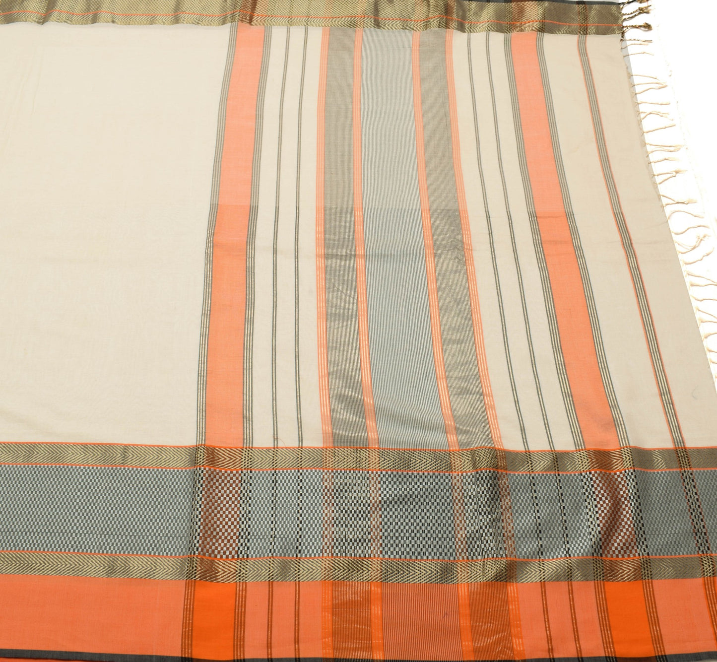 Sushila Vintage Cream Orange Saree Handloom Silk By Cotton Woven Sari Fabric