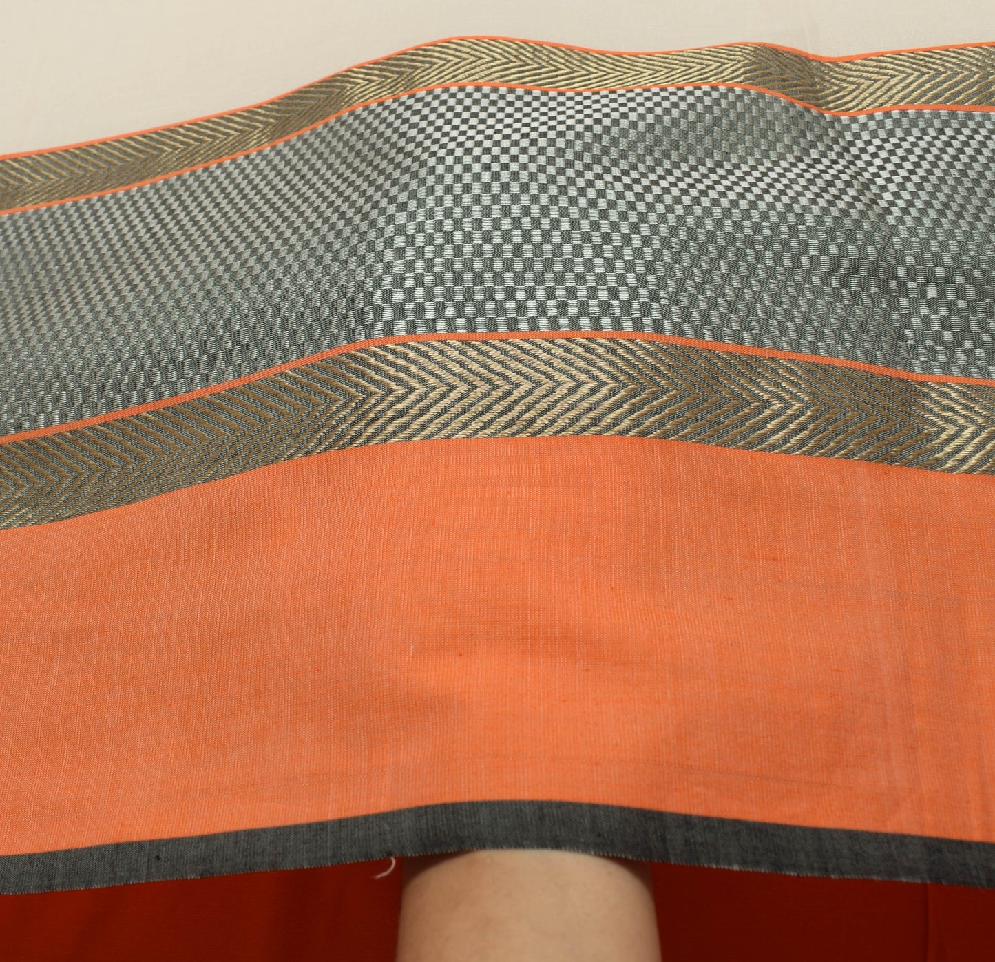 Sushila Vintage Cream Orange Saree Handloom Silk By Cotton Woven Sari Fabric