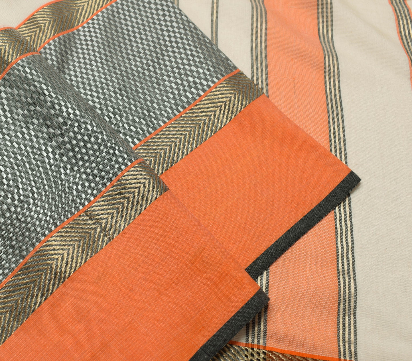 Sushila Vintage Cream Orange Saree Handloom Silk By Cotton Woven Sari Fabric