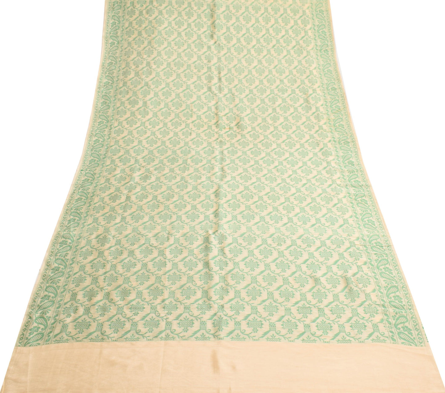 Sushila Vintage Dhakai Jamdani Sari Cream and Green Soft Handwoven Paisley Saree