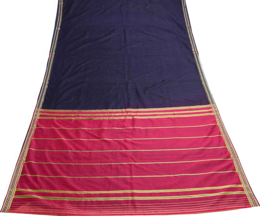 Sushila Vintage Navy Blue Saree 100% Pure Silk Brocade Pallu Border Sari Fabric