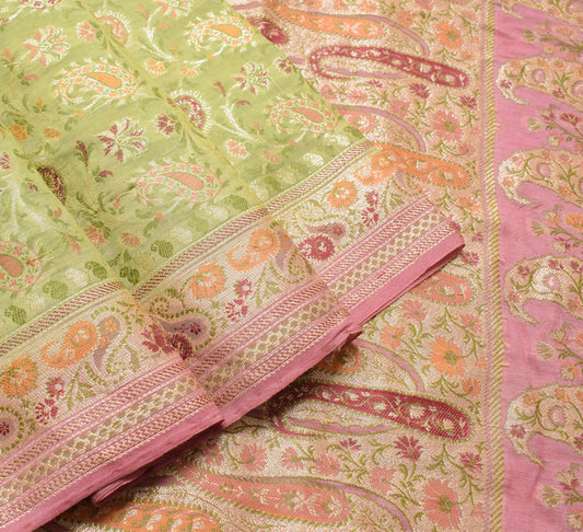 Sushila Vintage Green Pink Saree 100%Pure Silk Paisley Woven Wedding Sari Fabric