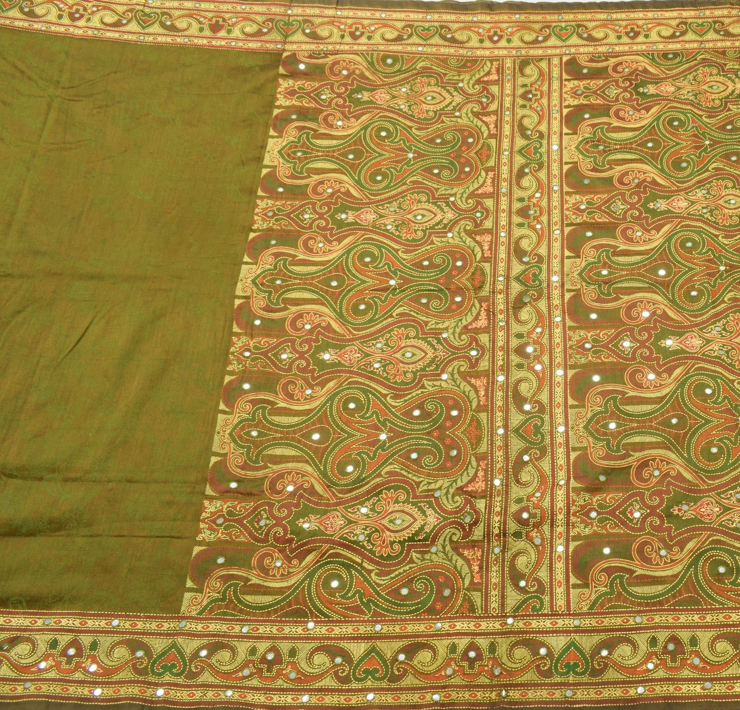 Sushila Vintage Green Art Silk Saree Mirror Work Printed Traditional Sari Fabric