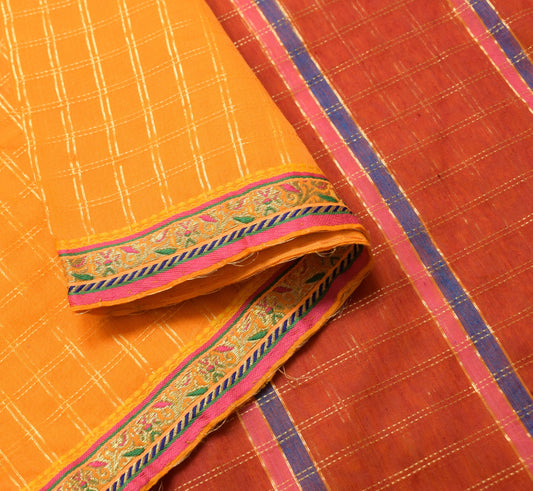 Sushila Vintage Orange Checks Saree Border Pure Cotton Banarasi Zari Sari Fabric