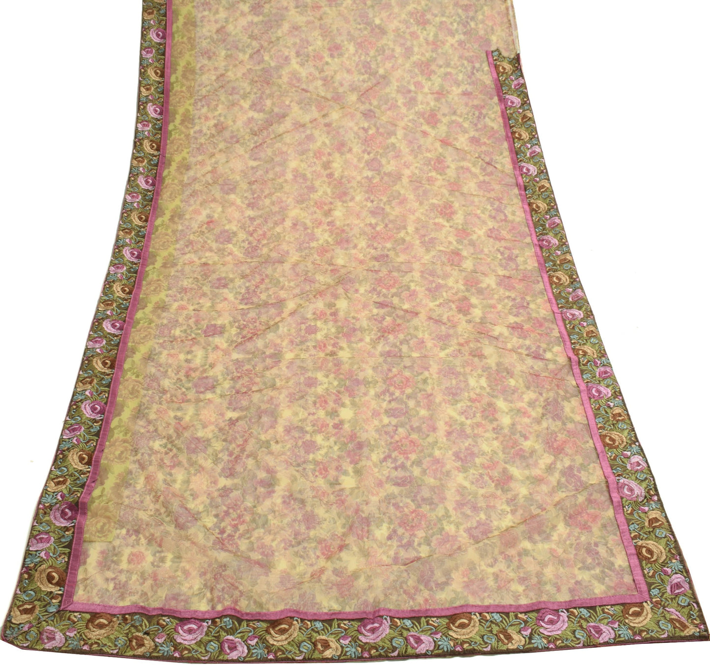 Sushila Vintage Cream Net Mesh Saree Printed with Embroidered Border Sari Fabric