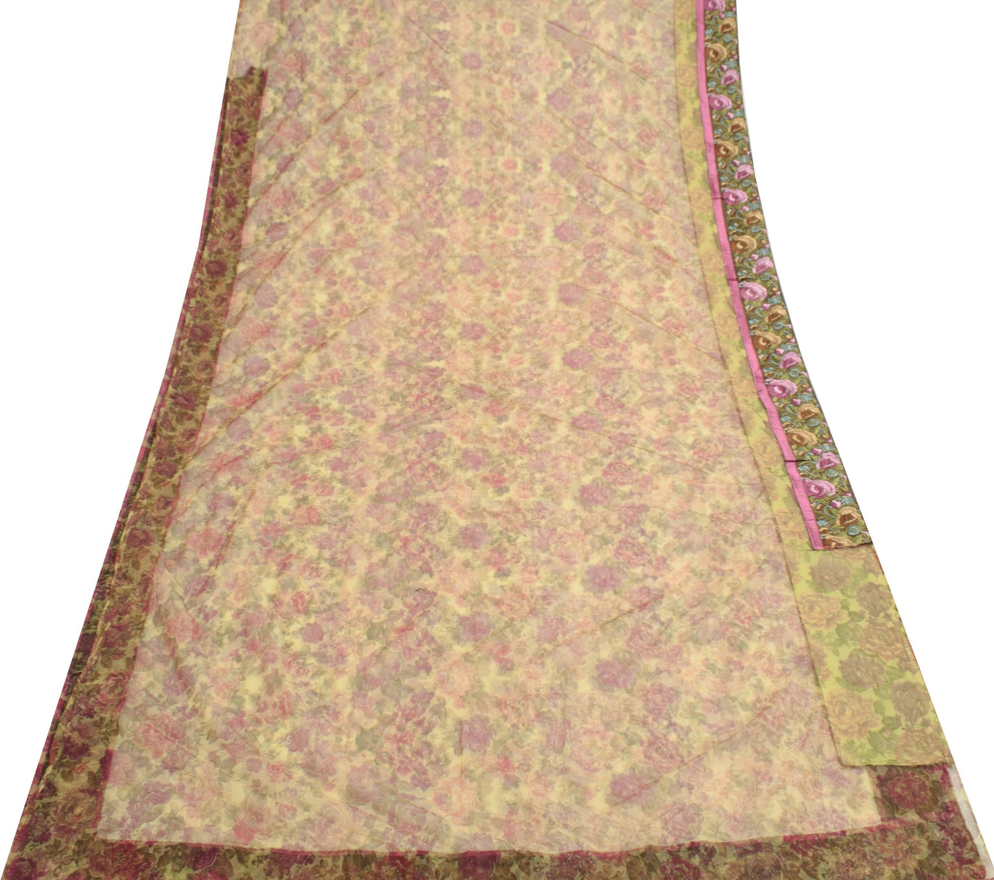 Sushila Vintage Cream Net Mesh Saree Printed with Embroidered Border Sari Fabric