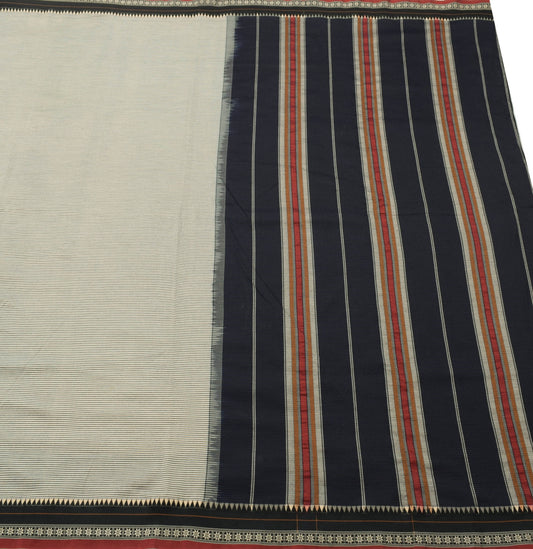 Sushila Vintage Ilkal Saree Pure Cotton Stripes Hand Woven Cream Black Fabric