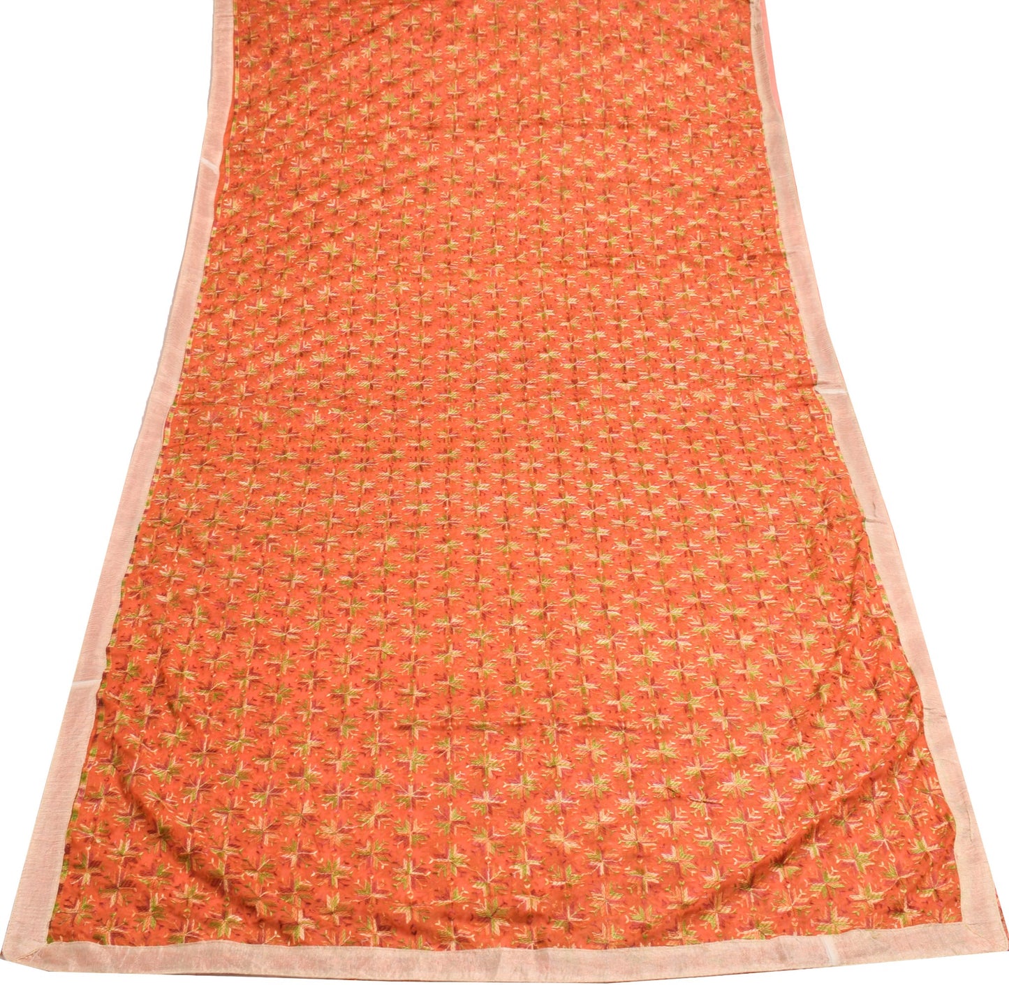 Sushila Vintage Bagh Phulkari Saree Art Chiffon Silk Orange 5 Yard Sari Fabric