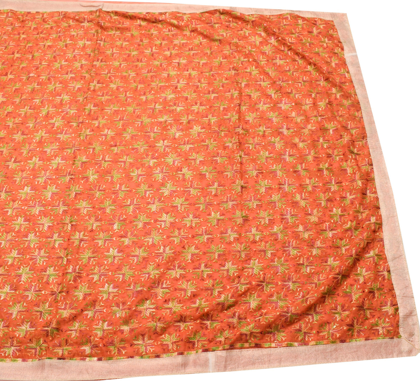 Sushila Vintage Bagh Phulkari Saree Art Chiffon Silk Orange 5 Yard Sari Fabric