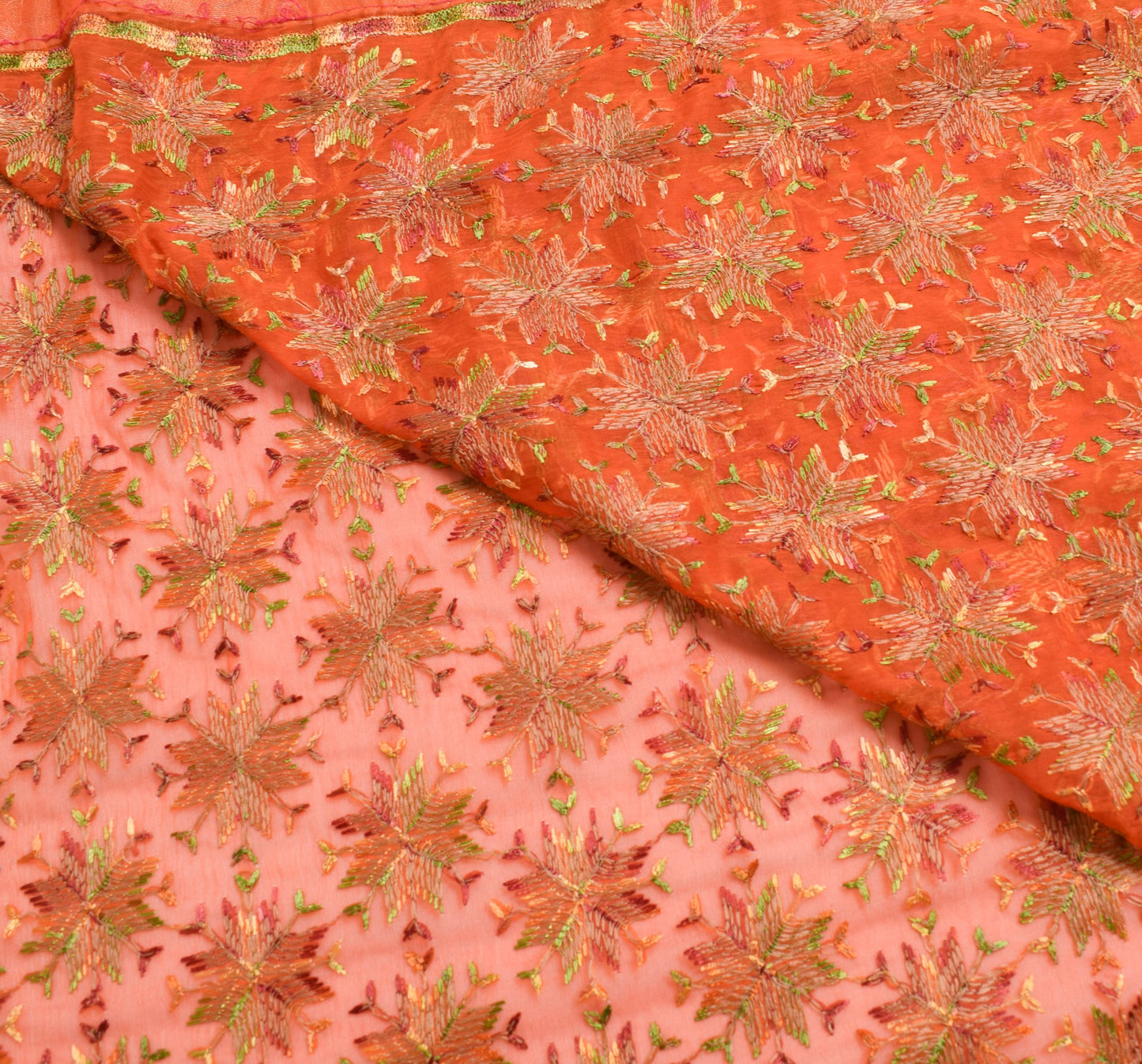 Sushila Vintage Bagh Phulkari Saree Art Chiffon Silk Orange 5 Yard Sari Fabric