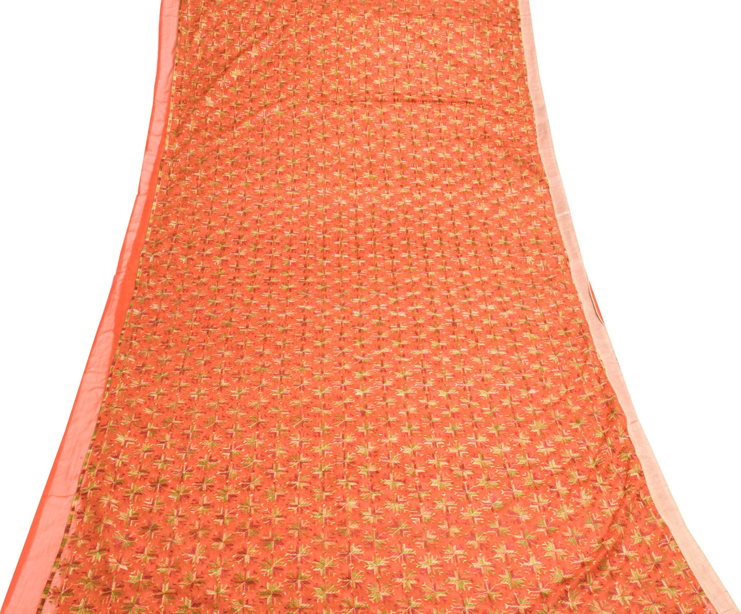 Sushila Vintage Bagh Phulkari Saree Art Chiffon Silk Orange 5 Yard Sari Fabric