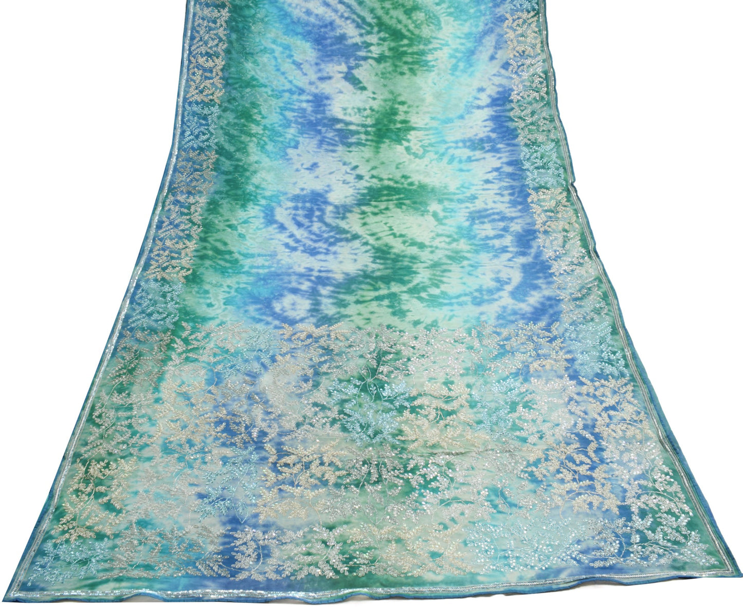 Sushila Vintage Blue Green Tie-Dye Saree Pure Georgette Embroidered Sari Fabric