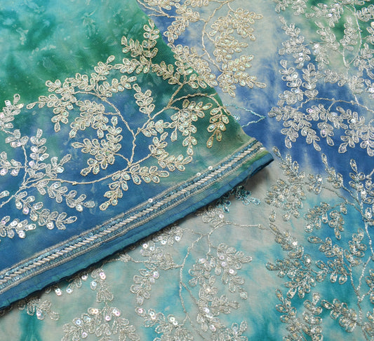 Sushila Vintage Blue Green Tie-Dye Saree Pure Georgette Embroidered Sari Fabric