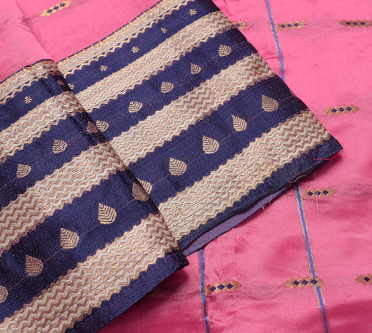 Sushila Vintage Pink Saree with Blue Brocade Border 100% Pure Silk Sari Fabric